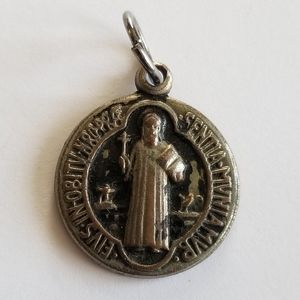 Vintage Saint Benedict religious medal pendant dark silver tone Catholic